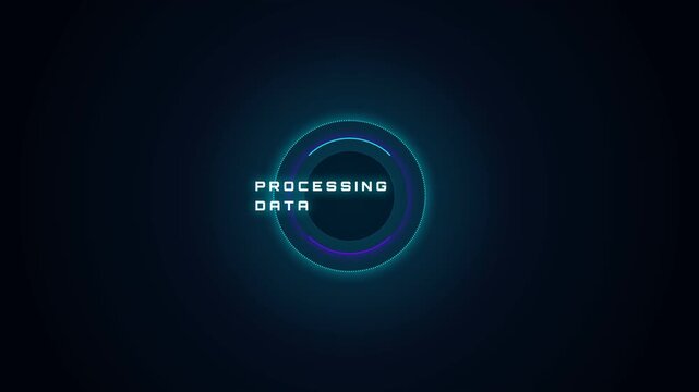 A futuristic data processing interface displays rotating blue circular elements and glowing text on a dark background, simulating a high-tech computer system loading screen.