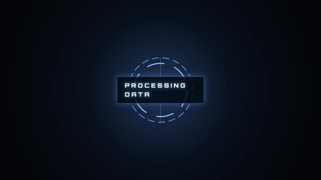 A futuristic digital HUD animation features a 'PROCESSING DATA' message and a glowing, rotating circular element against a dark background.