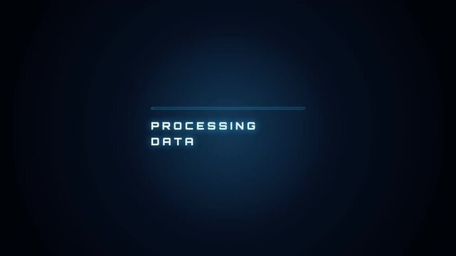 A futuristic heads-up display shows the message 'PROCESSING DATA' with a glowing loading bar against a dark blue background, simulating advanced computer operations or data analysis.