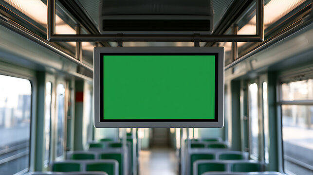 Mockup of an advertisement monitor with a green screen display mounted inside a modern public passenger train cabin during daytime travel