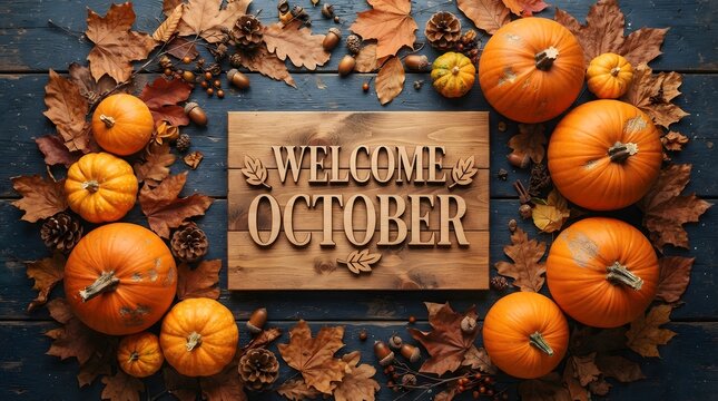 Welcome october sign on a rustic wooden background surrounded by pumpkins, autumn leaves, pinecones, and acorns