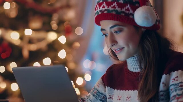 A woman smiles in festive attire, wearing a holiday hat and patterned sweater, using a laptop in front of a softly lit, decorated tree, conveying holiday cheer and digital connection.