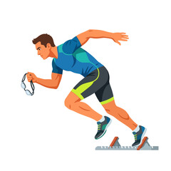 Fototapeta premium Athletic Man Ready To Sprint In Vibrant Sportswear Holding Goggles