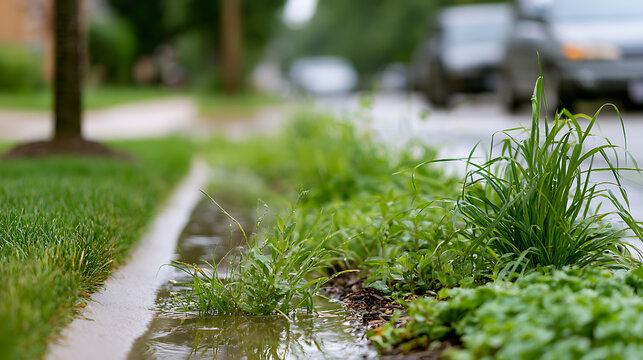 Rainwater runoff and overflow collect in a suburban street gutter with lush green grass and plant life after a heavy storm shower downpour