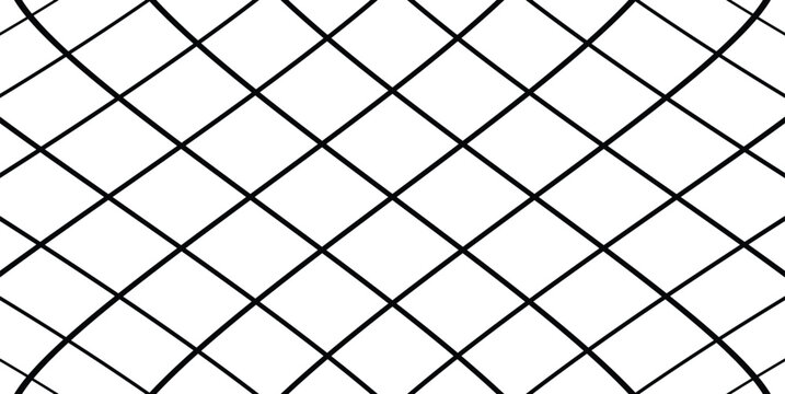 Black geometric diagonal grid mesh pattern over a clean white background. Seamless abstract grid lines for modern graphic design, textures, and backgrounds.