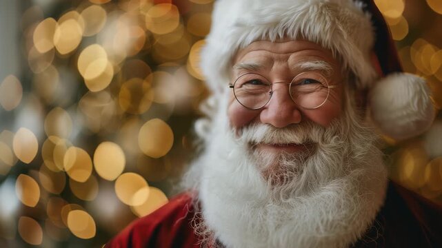 A close-up of a jolly man with a white beard, round glasses, and a warm smile, set against a background of soft, golden bokeh lights, evoking a sense of holiday cheer.