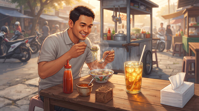 Smiling man enjoying a bowl of traditional meatball noodle soup bakso at street food stall