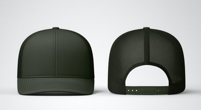 Two views of a dark green trucker hat, front and back, on a white background