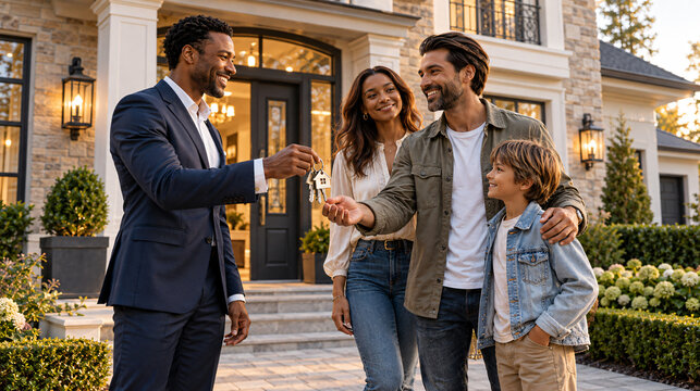 Happy family receiving house keys from a real estate agent in front of a beautiful new home, symbolizing home ownership and successful property purchase