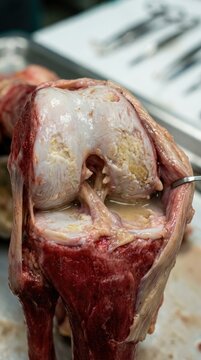 Pathologic knee degeneration: arthritis visible, arthrosis condition, osteoarthritis sign, osteoarthrosis process, joint fluid, cartilage erode, bone damage, tissue dissection.
