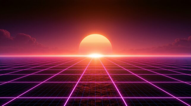 Neon grid plane sunset retrowave scene in a retro eighties inspired style for music covers and creative projects