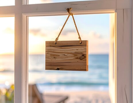 Wooden sign hangs in window frame, ocean view blurred in background