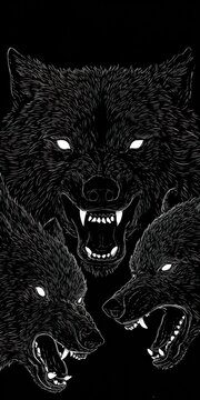 Three menacing wolves portraits in black and white illustration with glowing eyes