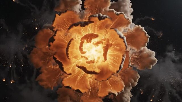 A massive golden explosion blooming like a luminous flower with dark smoke and flying sparks against a black void.