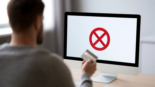 Frustrated man hold plastic card while look at computer screen with red prohibition sign, online payment decline and security error concept