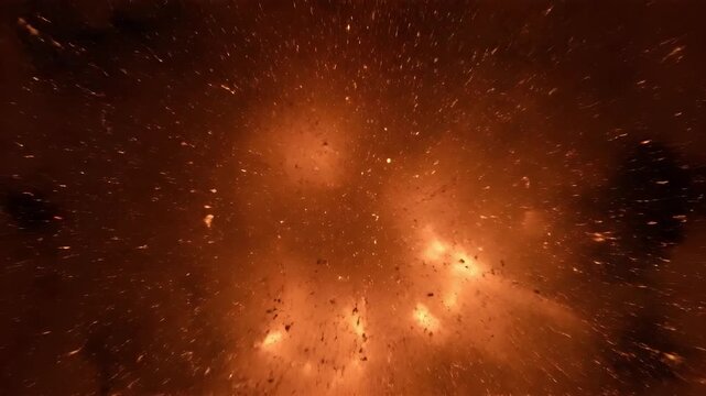 Explosion of fiery orange gas expanding with debris in dark background