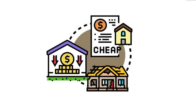 Low cost housing options defining diverse real estate properties, with a document explaining cheap prices and an arrow directing to reduced expense, for residential needs