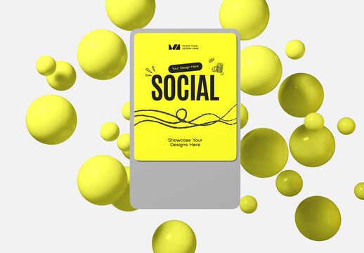 Social Media Post Mockup with 3D Yellow Spheres