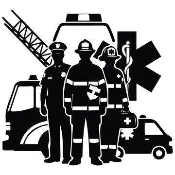Emergency services team silhouette with police officer firefighter paramedic and vehicles.