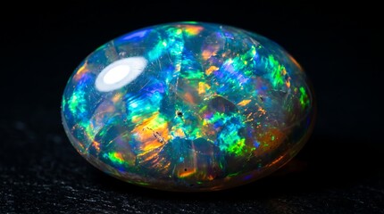Obraz premium Close-up of a polished oval opal gemstone with iridescent play-of-color showing vivid blue, green, and orange hues on a black background