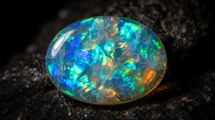 Obraz premium Polished Oval Opal Gemstone with Vibrant Iridescent Multi-Color Light Reflections Resting on Dark Textured Natural Rock Macro Photography