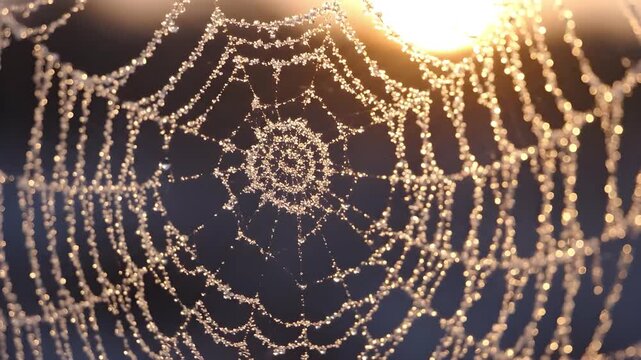 Spider web with dew droplets in golden sunset background