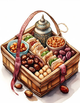 A traditional festive gift basket filled with dates and treats