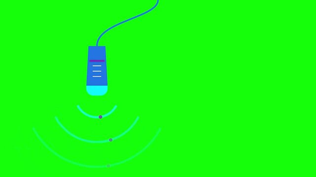 Minimalist animation icon of a blue sensor device emitting signal waves on a bright green background for motion graphics and technical user interface design applications.