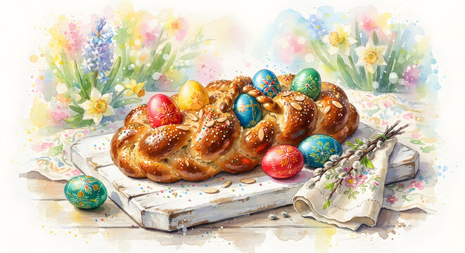 Hand-Painted Easter Eggs and Braided Challah on a Rustic Board