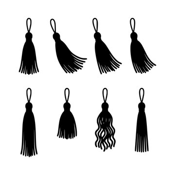 Tassels hanging various poses silhouette vector illustration, Tassels hanging set silhouette design