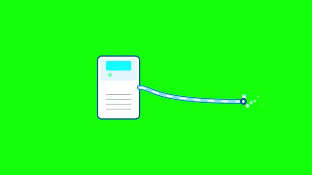 Flat vector animation icon of a medical monitor or server unit with an attached blue cable emitting light particles, isolated on a bright green chroma key background for video.