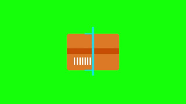 2D vector animation icon of an orange credit card featuring a teal checkmark symbol and barcode on a green screen background, ideal for transaction success and payment verification.