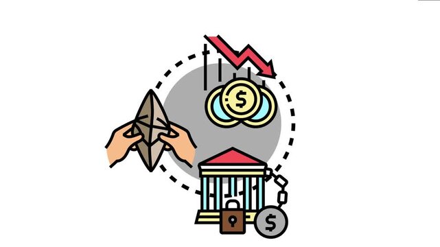 Low income concept financial decline, empty wallet, and a bank building chained to money, representing poverty, debt, and economic hardship