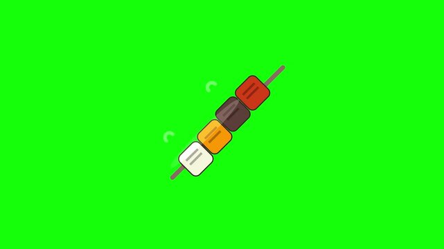 2D vector animation icon of a food skewer featuring grilled meat and vegetable cubes on a wooden stick, isolated on a bright green chroma key background for motion graphics use.