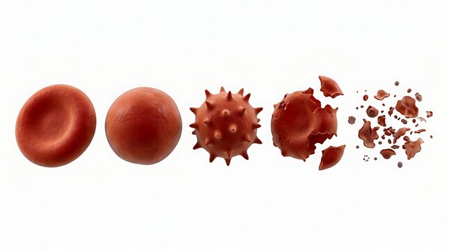 Stages of red blood cell hemolysis, from healthy biconcave disc to spherical echinocyte and final cell rupture, isolated on white background