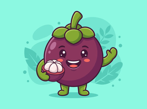 Adorable Mangosteen Character Waving Hello Holding A Slice