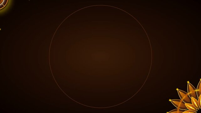 Artisanal wooden mandala sculpture reveal animation with glowing orange floral patterns and geometric dashed circles on a dark brown background for high-end video production.