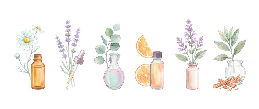 essential oil bottle watercolor set with herbs lavender eucalyptus chamomile orange for aromatherapy wellness skincare organic design isolated on black background cosmetic holistic concept graphics