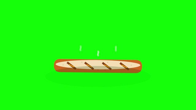Flat 2D animation icon of a fresh steaming French baguette bread. Detailed vector illustration on a green chroma key background for motion graphics and food-themed digital content.