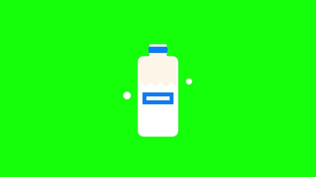 2D flat animation icon of a milk bottle with a blue cap and label. Minimalist beverage container design for motion graphics and digital interfaces on a green background.