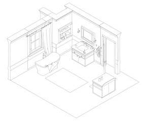 Fototapeta premium Detailed bathroom sketch in isometric contour style features central bathtub with sink and mirror above, window to the left, and table with scattered accessories on the right. Isometric view