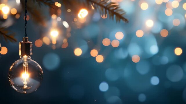 A decorative lightbulb is hanging from a Christmas tree with warm lights sparkling in the background. This setting evokes a festive and magical winter scene.