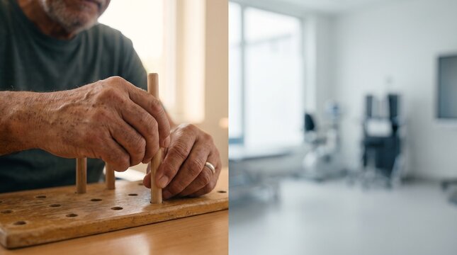 Senior man doing occupational therapy fine motor skills exercise with wooden pegboard in clinic
