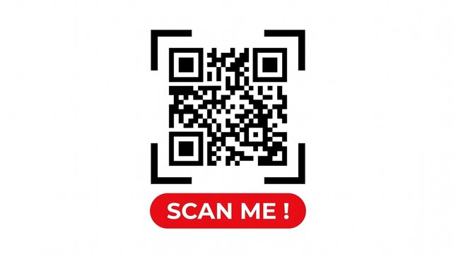 Black and white qr code with a red scan me button on a white background with digital code above button text