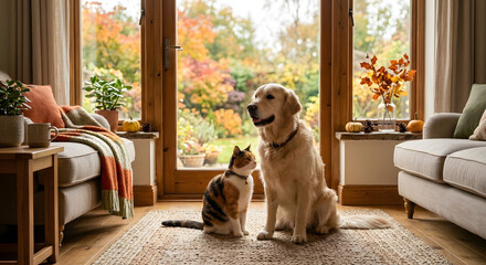 Naklejka na ściany i meble Golden Retriever Dog and Calico Cat Sitting Together on Rug in a Cozy Living Room Overlooking a Sunny Autumn Garden