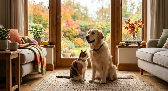 Golden Retriever Dog and Calico Cat Sitting Together on Rug in a Cozy Living Room Overlooking a Sunny Autumn Garden