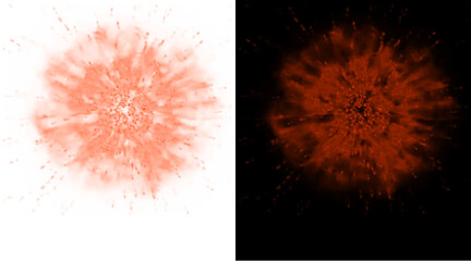 Explosive orange smoke burst on white and black backgrounds, vibrant powder splash illustration, dynamic fire cloud effect for design © Salim