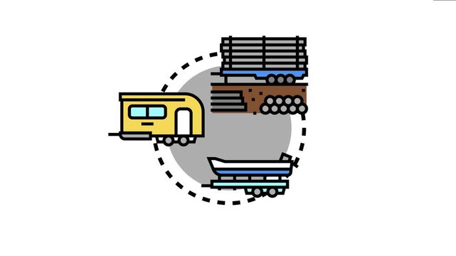 Transporting different cargo and recreational vehicles using road trailers, including a large semi trailer, a travel trailer, and a boat trailer icon