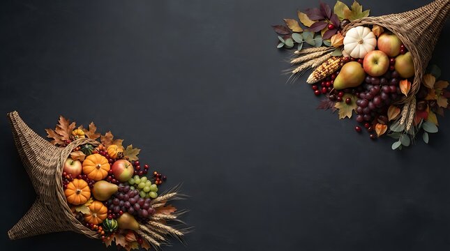 Thanksgiving cornucopia border with autumn harvest fruits on dark background