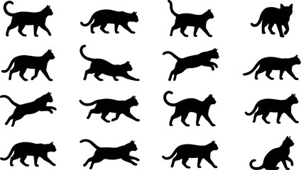 Fototapeta premium Cat silhouette set featuring walking running jumping pouncing and sitting poses isolated on transparent background vector illustration for animal design projects